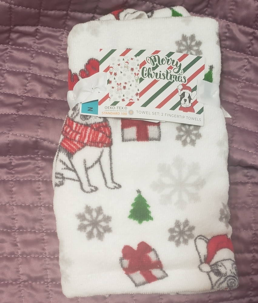 Set of 2 holiday bulldog/terrier hand towels
